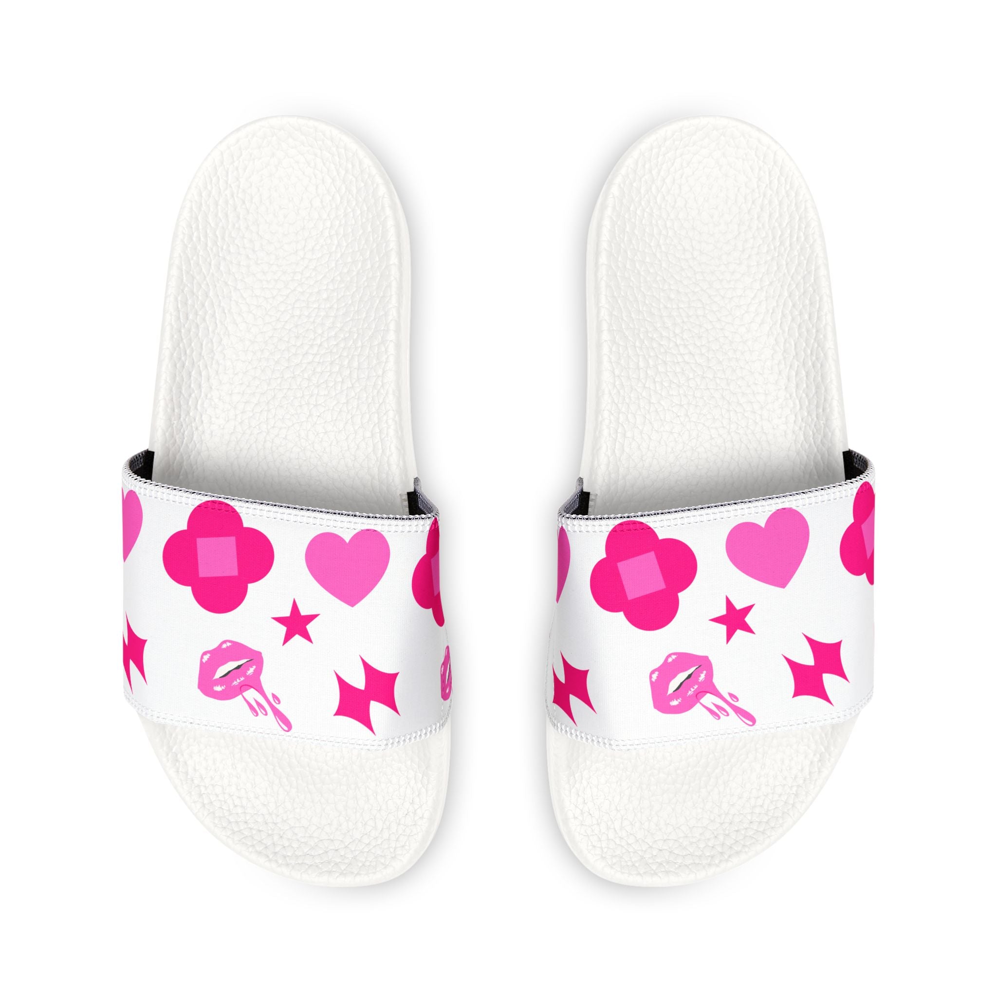 Women Slide Sandals — Pink Hearts & Stars Removable-Striped Strap Slides