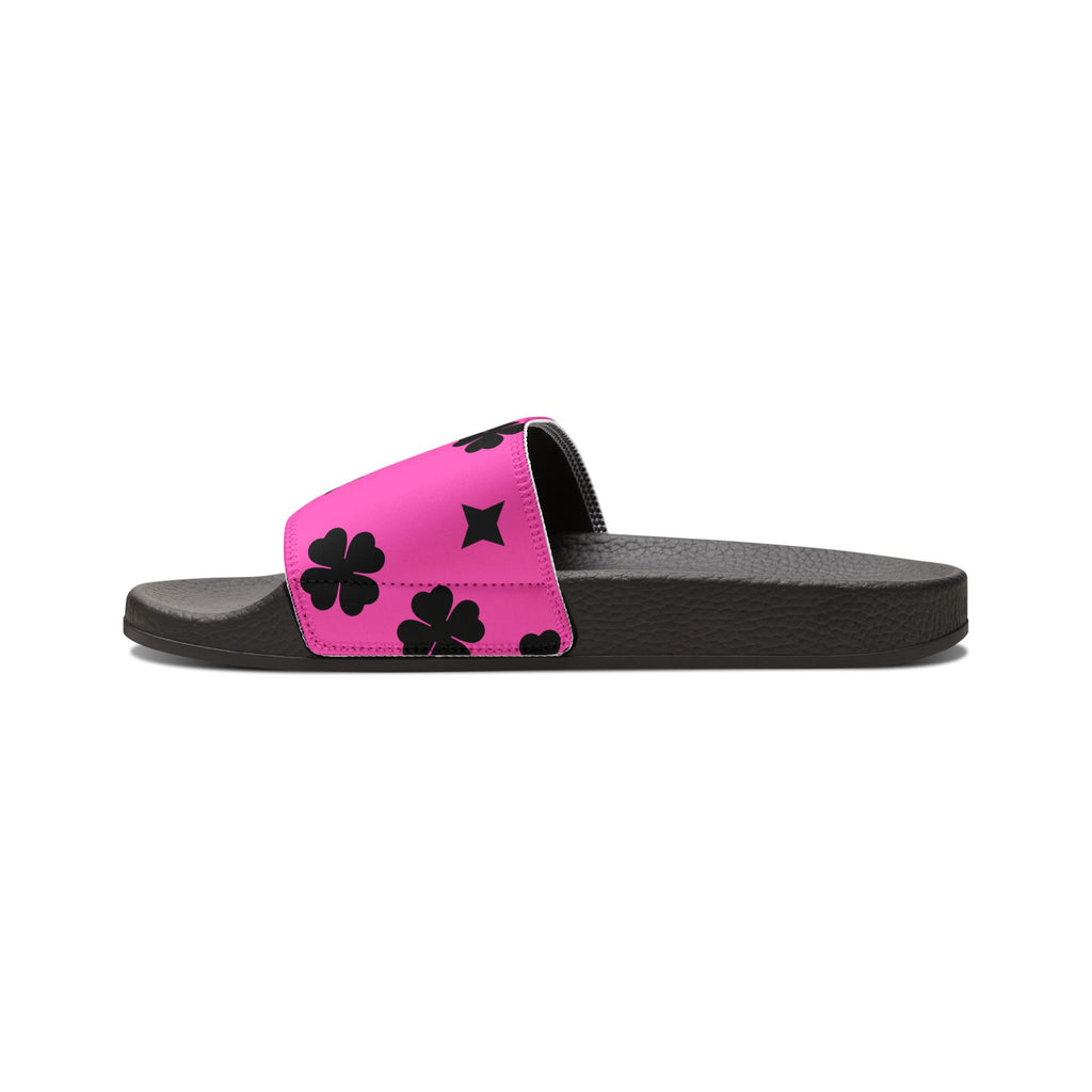 Women Slide Sandals — Black Clover & Removable- Pink Striped Strap Slides