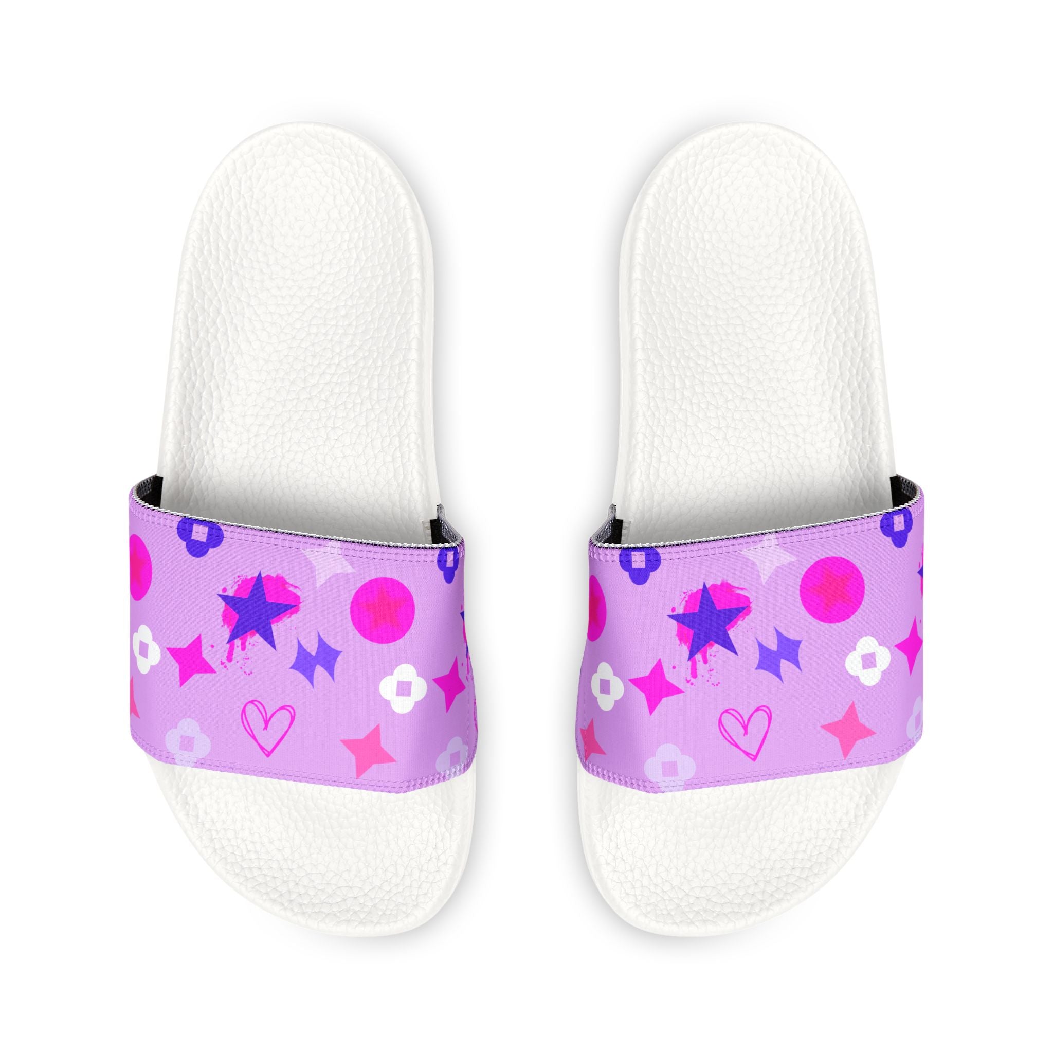 Women's Pink Purple Patterned Slide Sandals — Removable Strap Casual Pool & Beach Slides