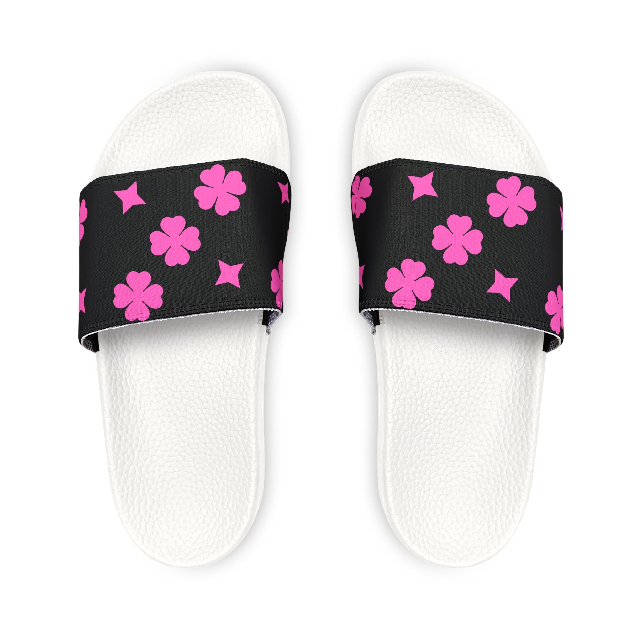 Women Slide Sandals — Pink Stars Removable- Black Striped Strap Slides