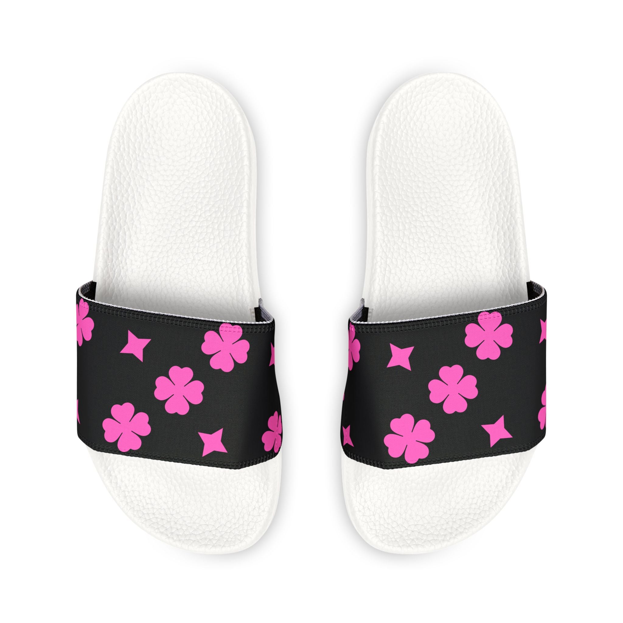 Women Slide Sandals — Pink Stars Removable- Black Striped Strap Slides