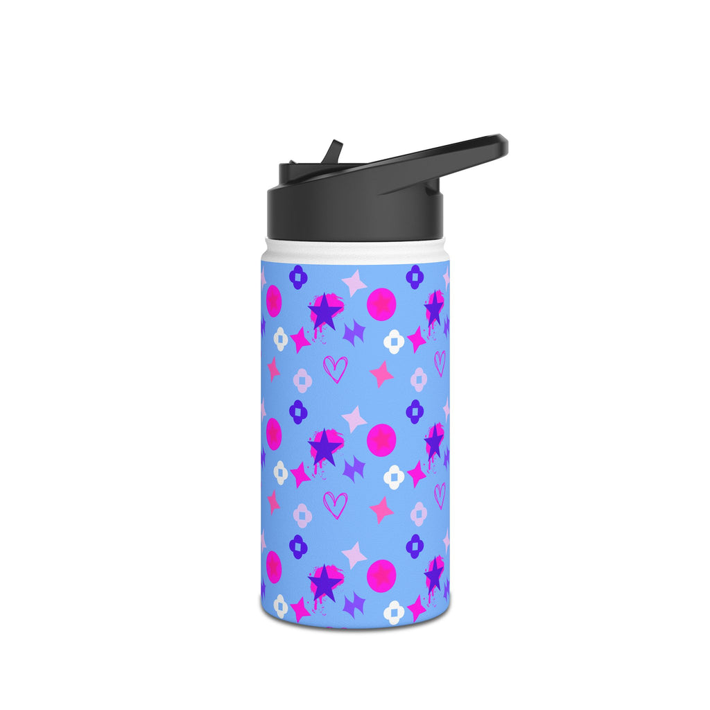 Stainless Water Bottle —Black & Pink Star, Heart & Flower Pattern