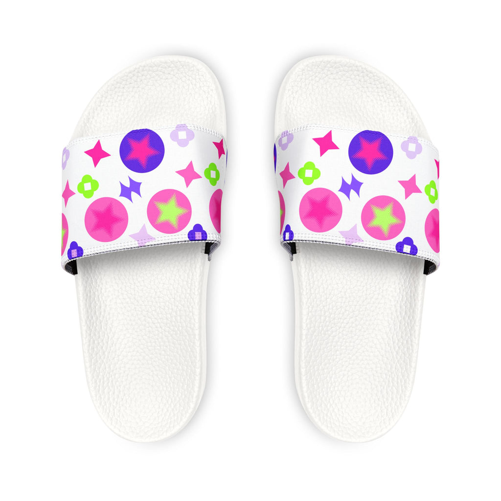 Women Slide Sandals — Pink Hearts & Lucky Stars Removable- White Striped Strap Slides