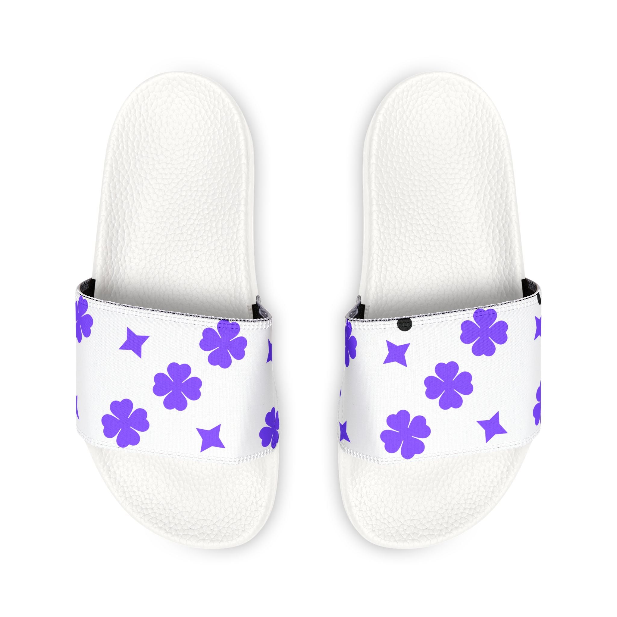Women Slide Sandals — Purple Hearts & Stars Removable- White Striped Strap Slides