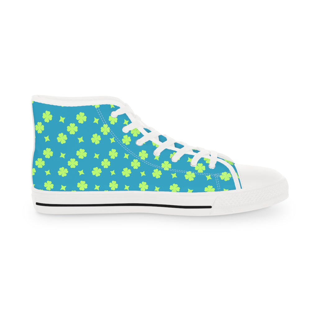 Men's High Top Sneakers Lime Green Stars On White Bottoms