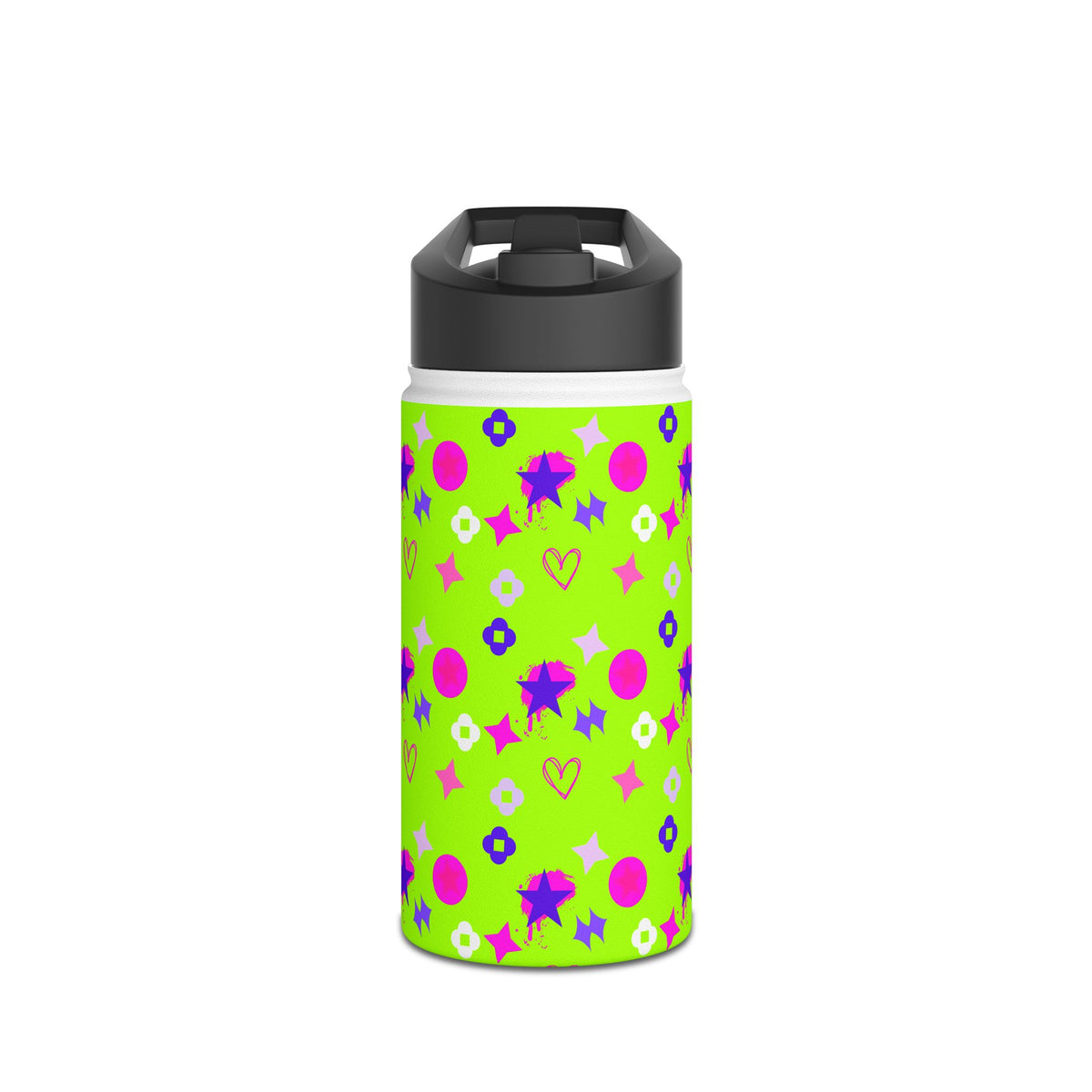 Stainless Water Bottle —  Star, Heart Lime Green