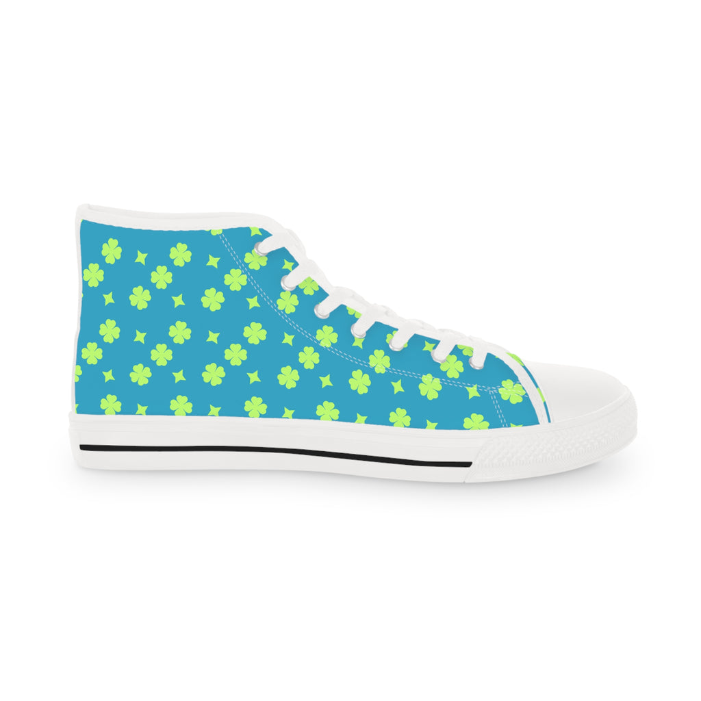 Men's High Top Sneakers Lime Green Stars On White Bottoms
