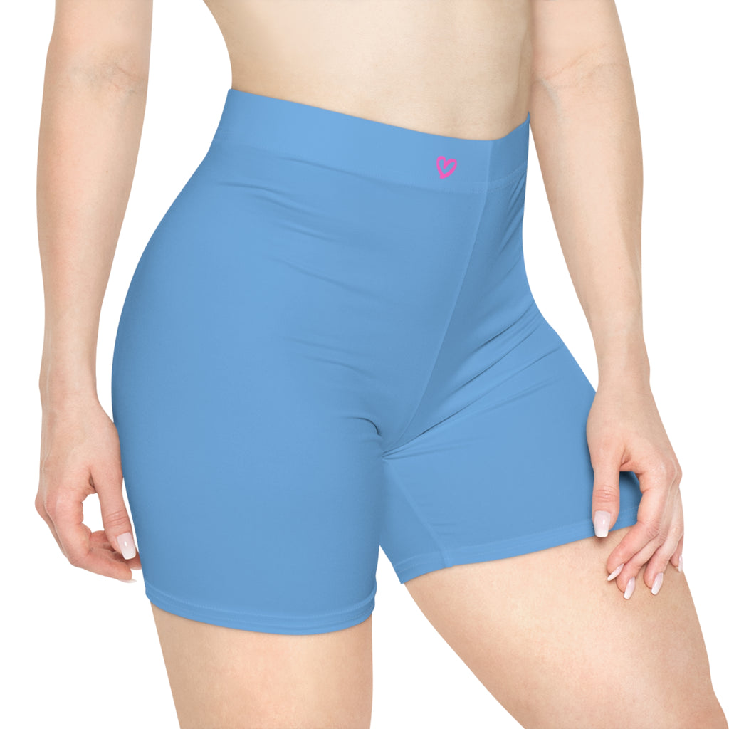 Women's Light Blue Shorts with Pink Kiss Logo — Stretchy Athleisure Cycling Shorts Pink