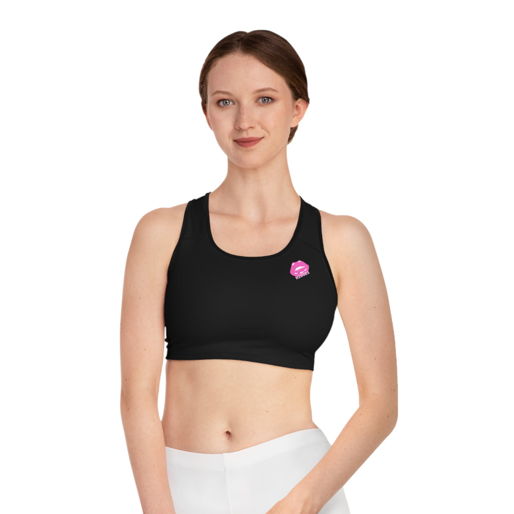 Kiss Me Pink Lip Print Sports Bra — Black Racerback Activewear
