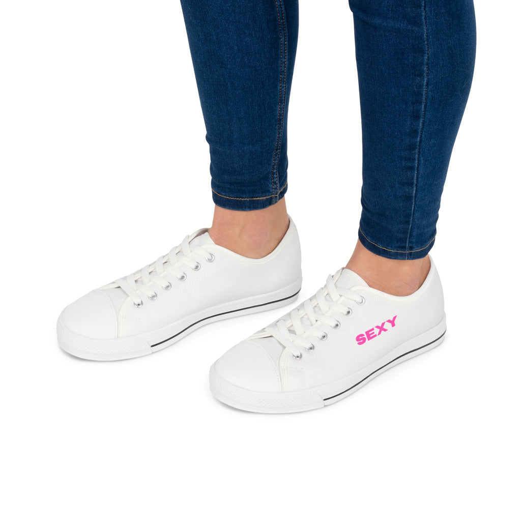 White Low Top Sneakers — Black "SEXY" Embroidered Casual Shoes