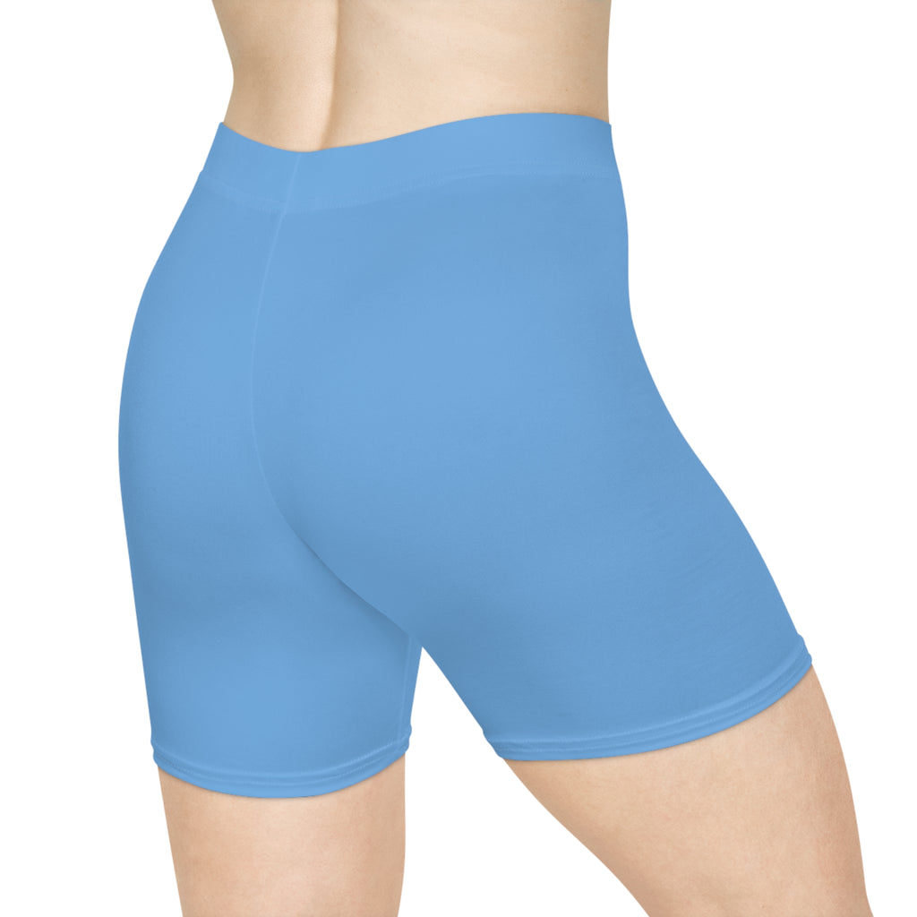 Women's Light Blue Shorts with Pink Kiss Logo — Stretchy Athleisure Cycling Shorts Pink