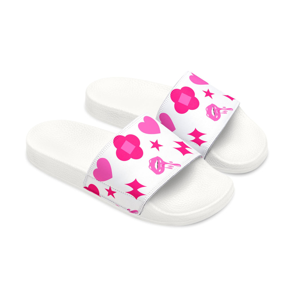 Women Slide Sandals — Pink Hearts & Stars Removable-Striped Strap Slides