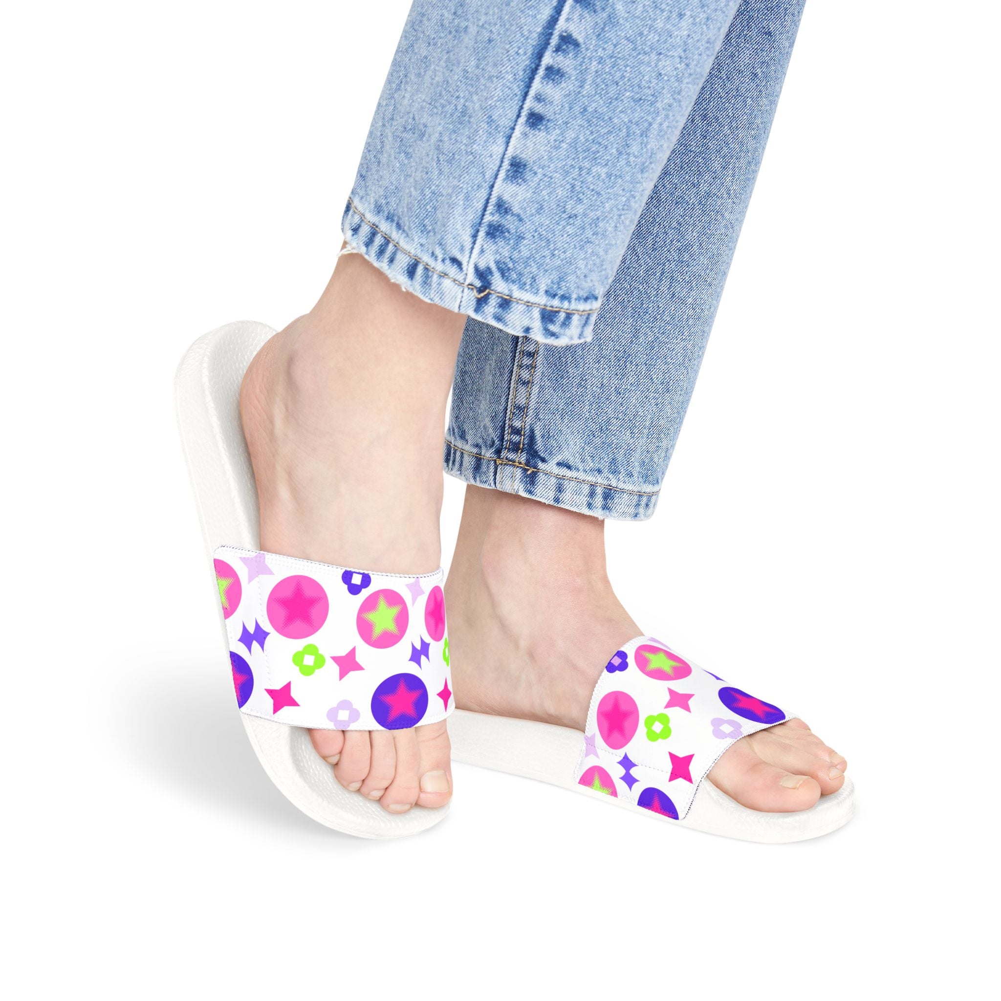 Women Slide Sandals — Pink Hearts & Lucky Stars Removable- White Striped Strap Slides