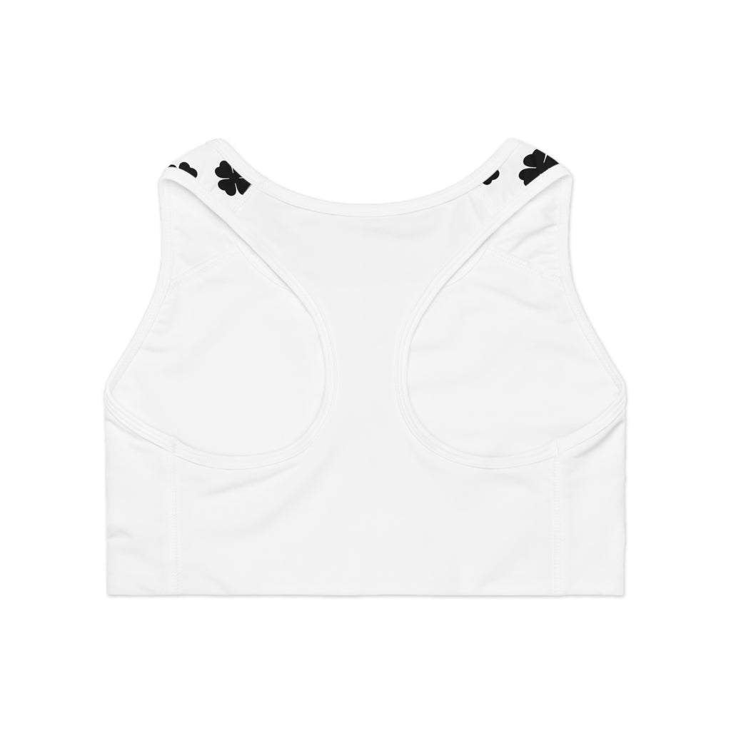 Black Clover Pattern Sports Bra — Minimal Floral Athletic Crop Top