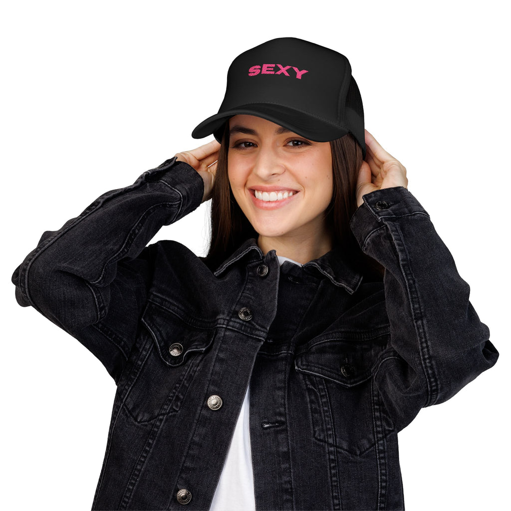 Sexy Embroidered Trucker Hat — Pink Text Foam Cap