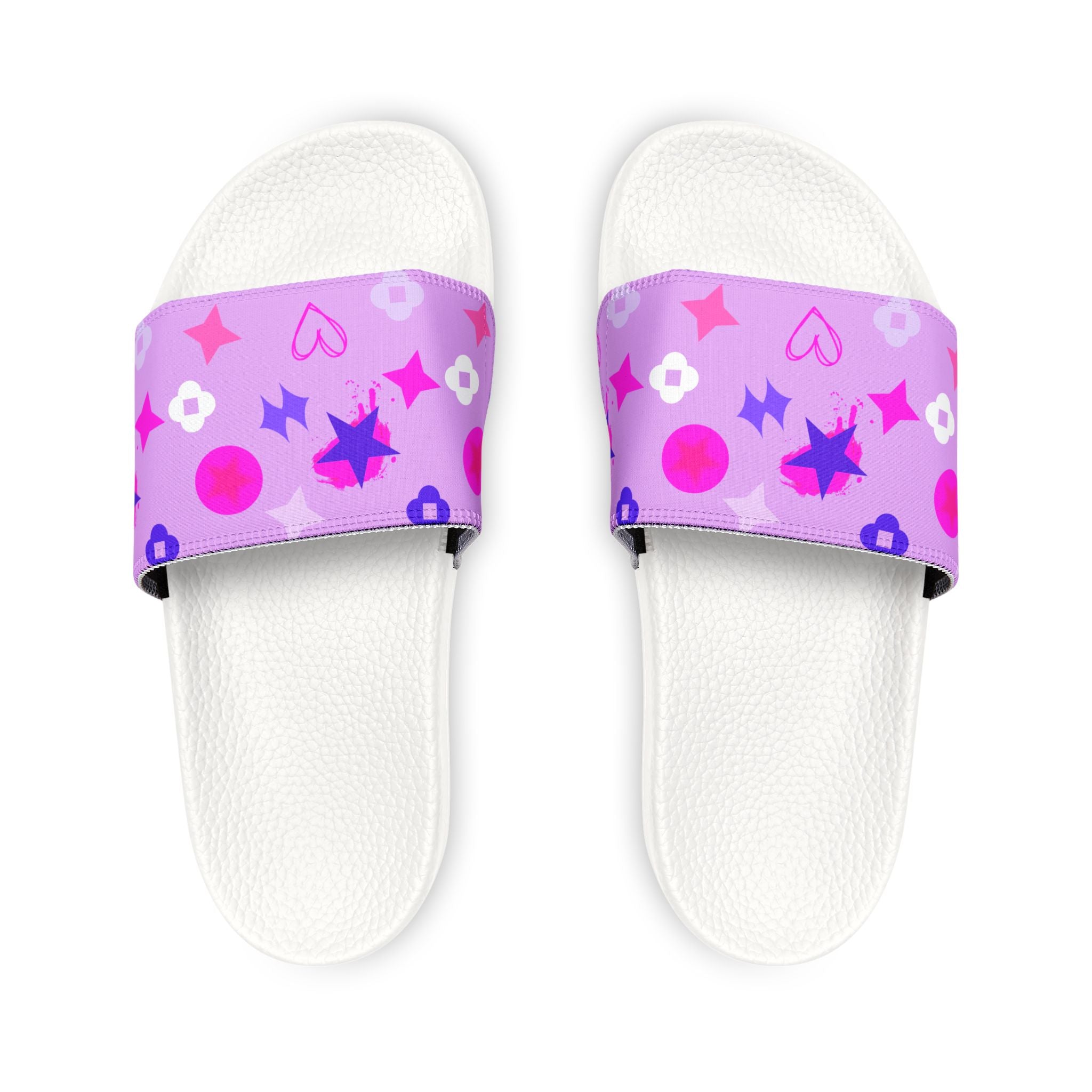 Women's Pink Purple Patterned Slide Sandals — Removable Strap Casual Pool & Beach Slides