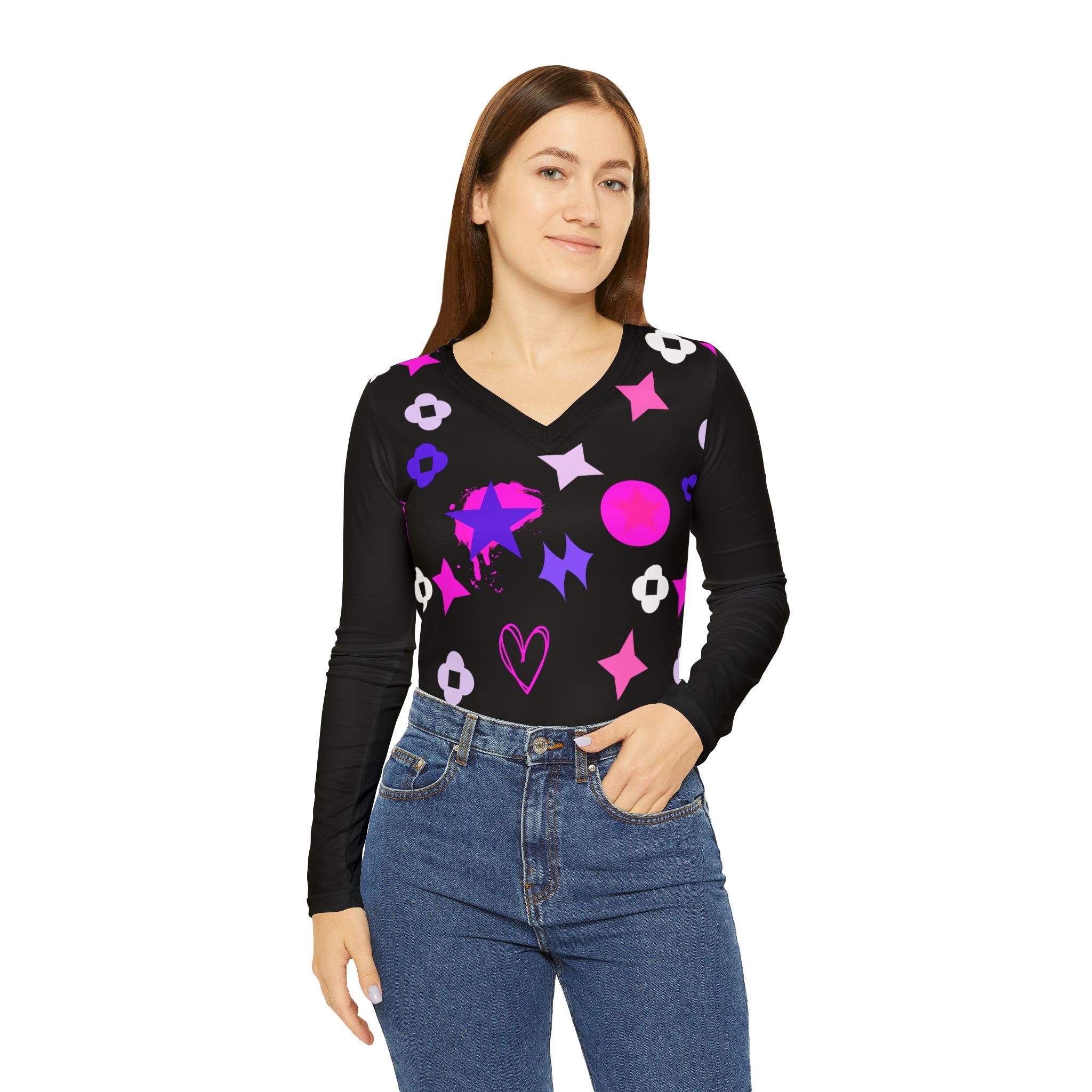 Women's V-Neck Long Sleeve Shirt —  Black Stars