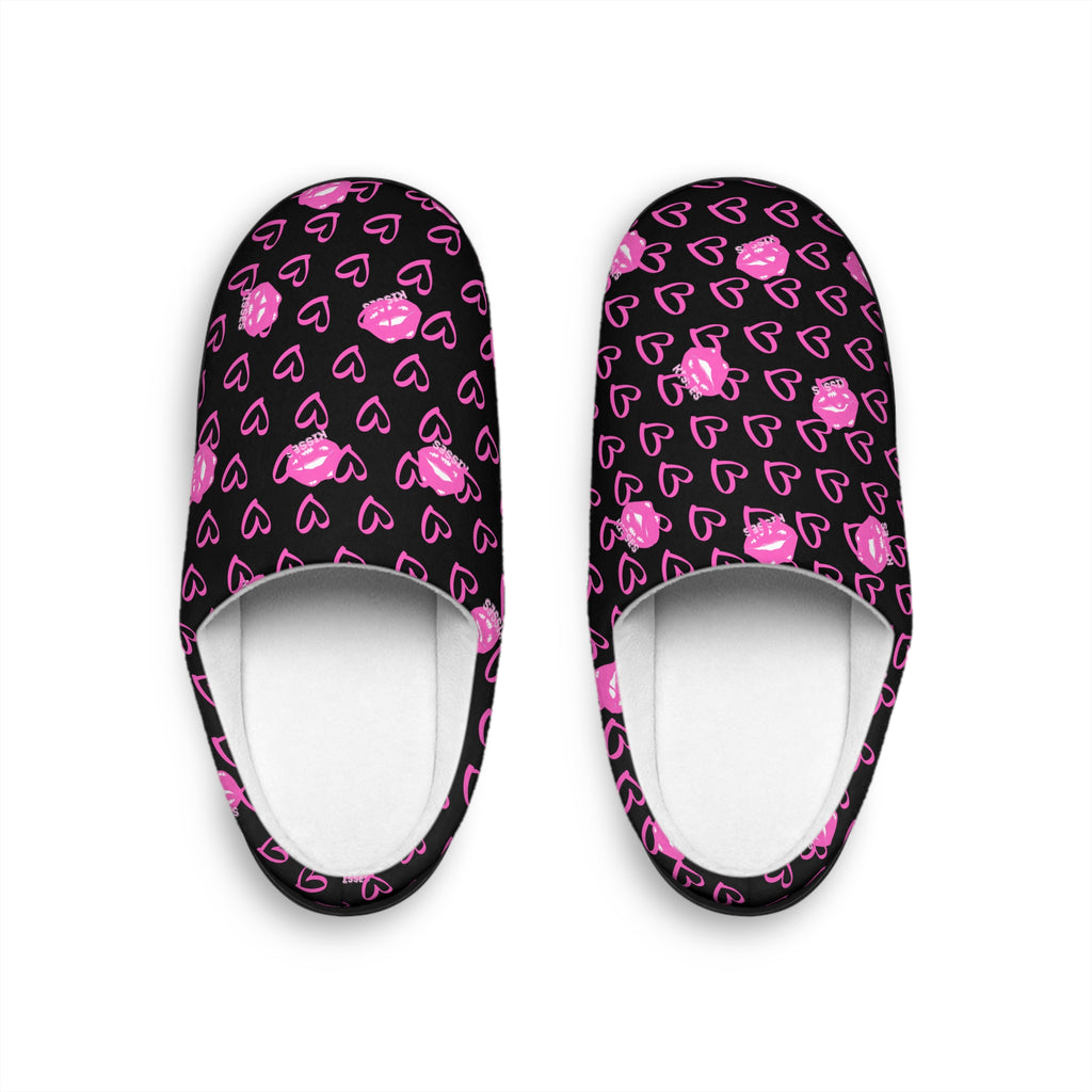 Black Slippers — Pink  Hearts Women's Indoor Slippers