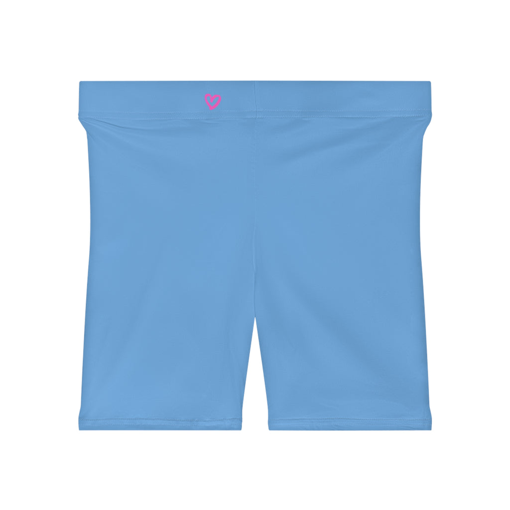 Women's Light Blue Shorts with Pink Kiss Logo — Stretchy Athleisure Cycling Shorts Pink