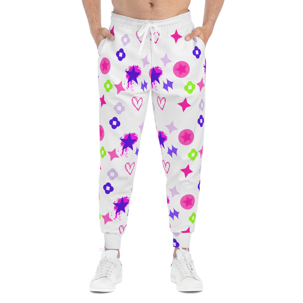 Playful Pastel Stars Athletic Joggers — Cute Heart & Flower All-Over Print