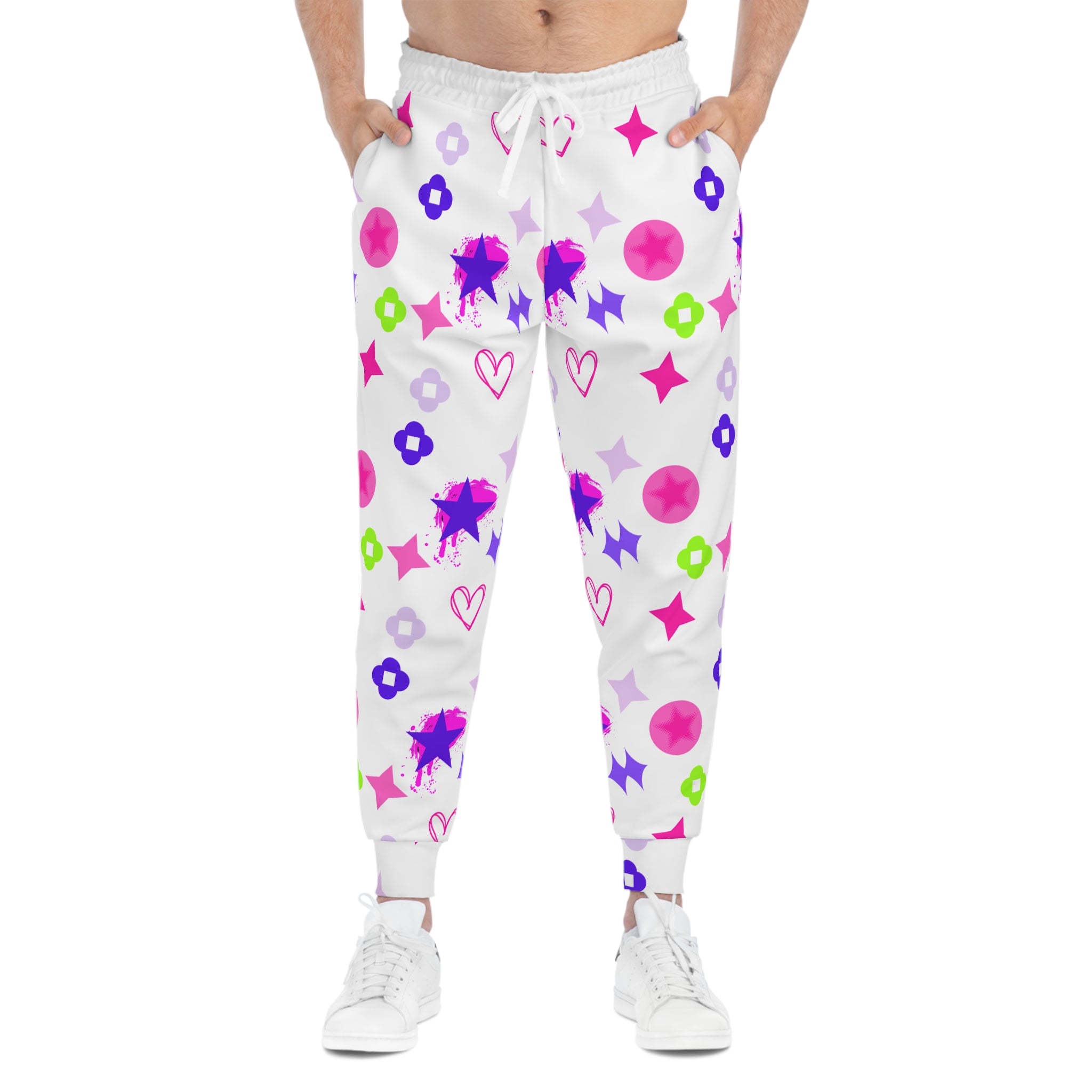 Playful Pastel Stars Athletic Joggers — Cute Heart & Flower All-Over Print