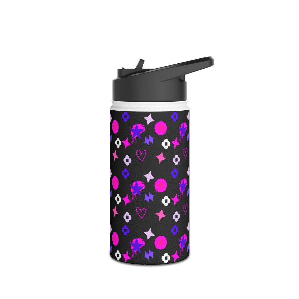 Stainless Water Bottle —Black & Pink Star, Heart & Flower Pattern