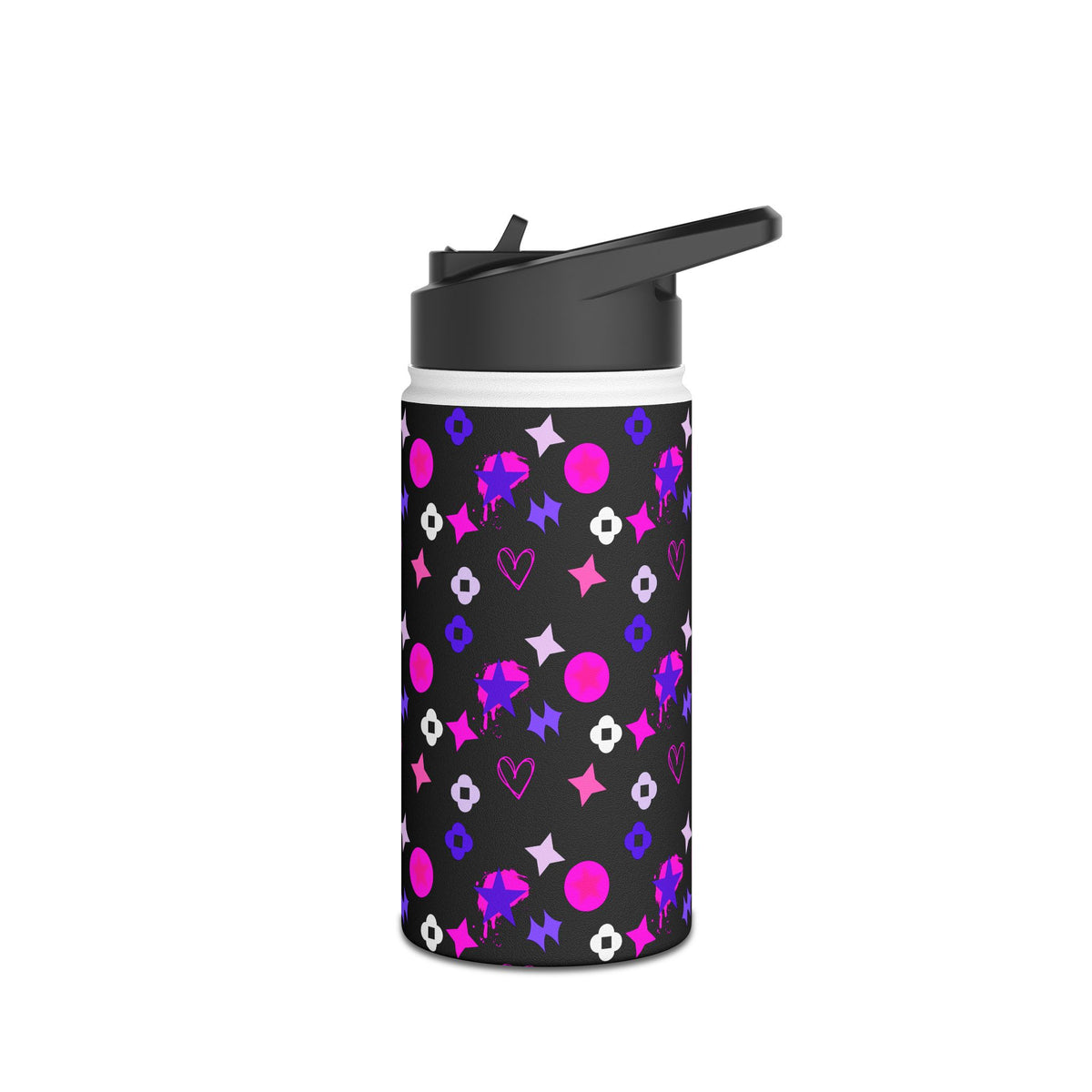 Stainless Water Bottle —Black & Pink Star, Heart & Flower Pattern
