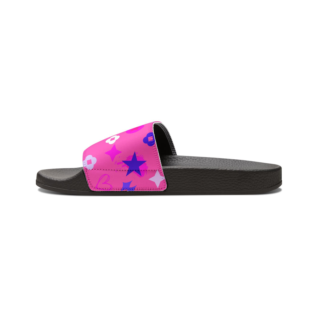 Women's Pink Star & Floral Slide Sandals – Removable Strap Casual Pool Slides