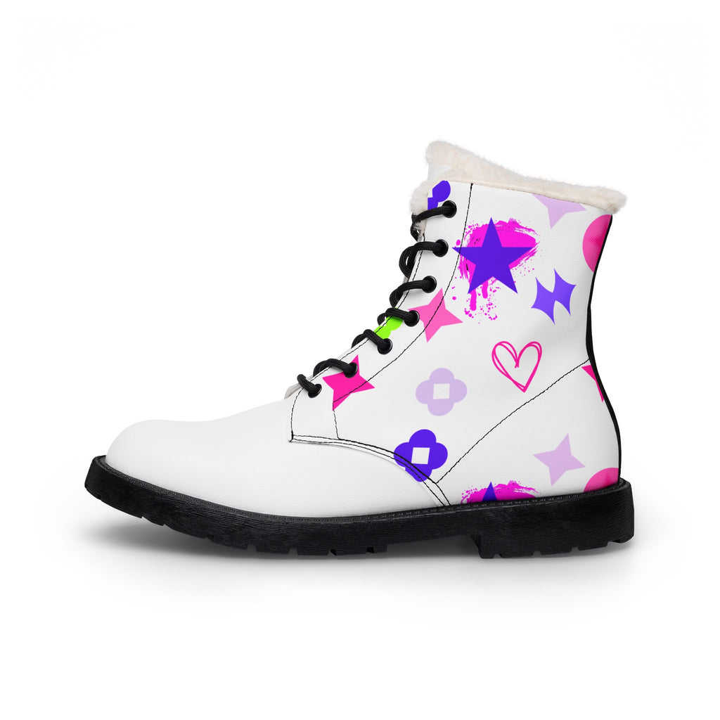 Fur-Lined Leather Boots — White Star & Heart Print Women's Winter Boots