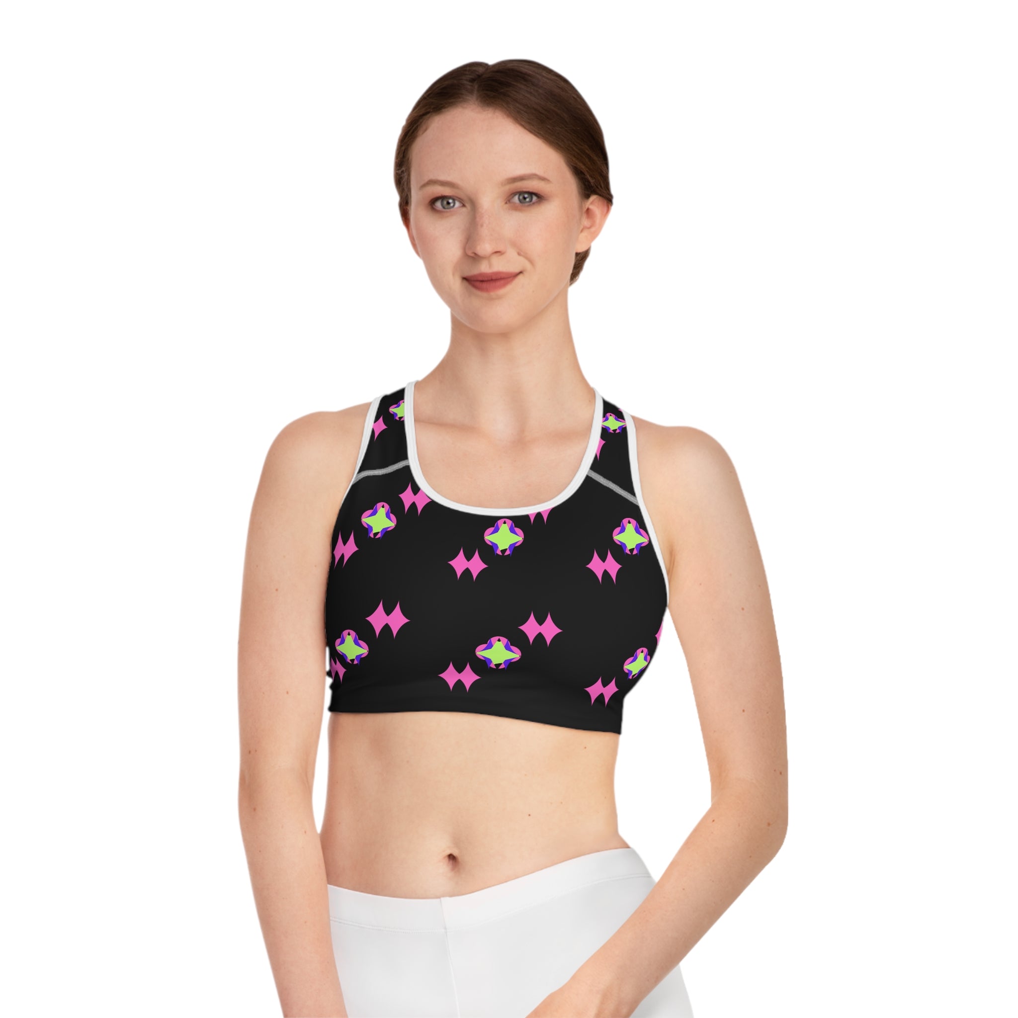 Black Pink Starburst Sports Bra — Neon Retro Pattern Activewear