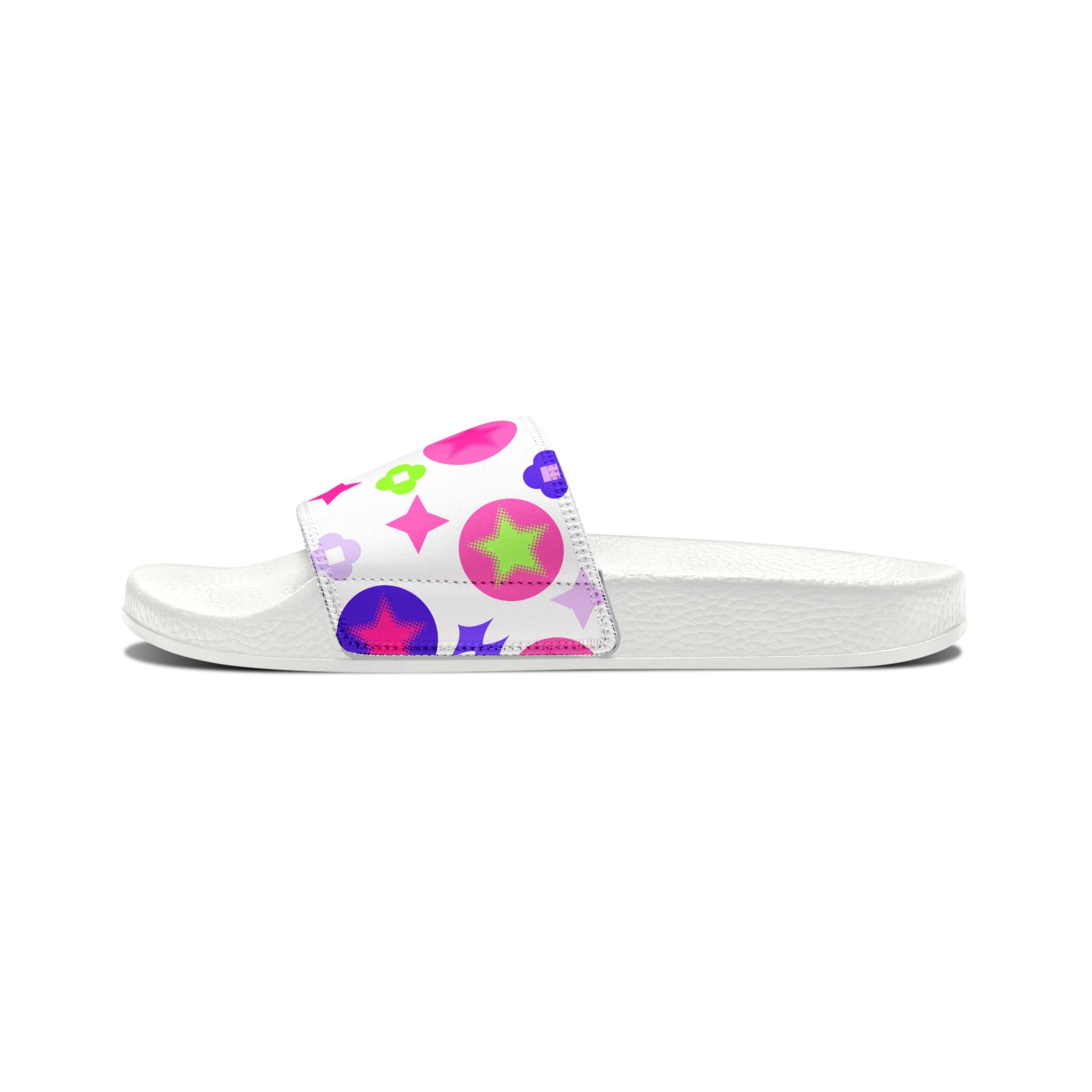 Women Slide Sandals — Pink Hearts & Lucky Stars Removable- White Striped Strap Slides