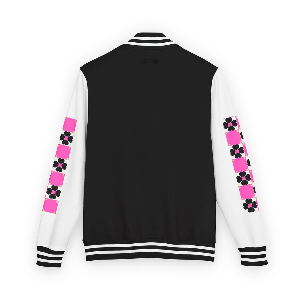 Women Jacket — Pink Checker Flower Sleeve Varsity Jacket