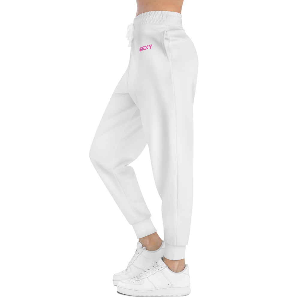 White Athletic Joggers with Pink Heart Accent — Women's Cozy Casual Sweatpants