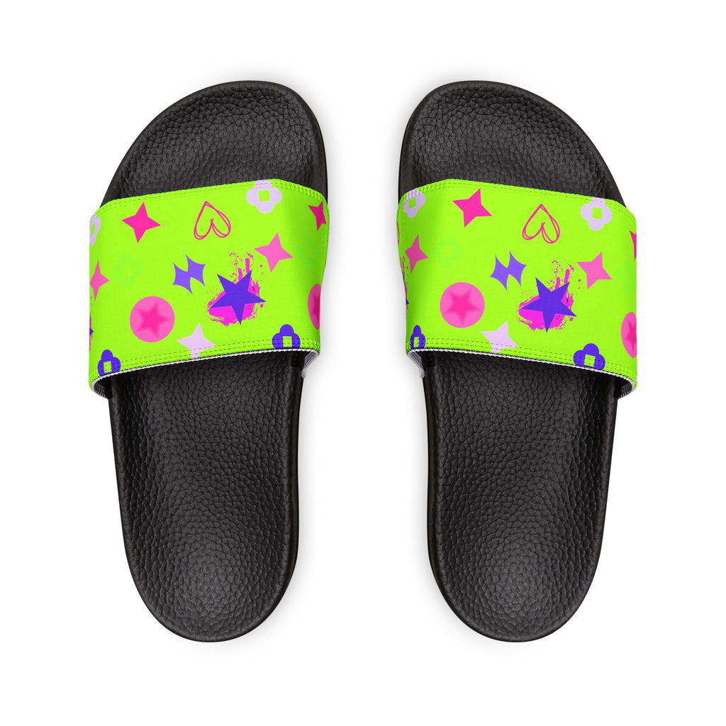 Women Slide Sandals —   Removable- Lime Green Striped Strap Slides
